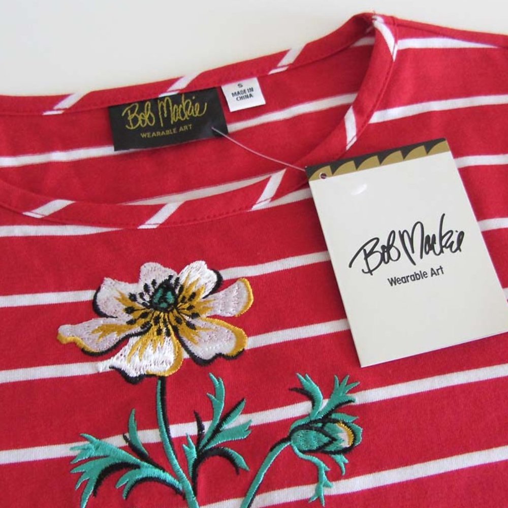 NWT BOB MACKIE embroidered floral red striped top sz S